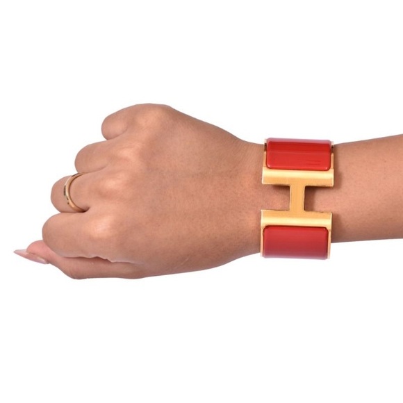 NEW HÈRMES Extra Wide Pink Enamel Rose Gold Plated H Clic Bracelet Bangel - Picture 11 of 16
